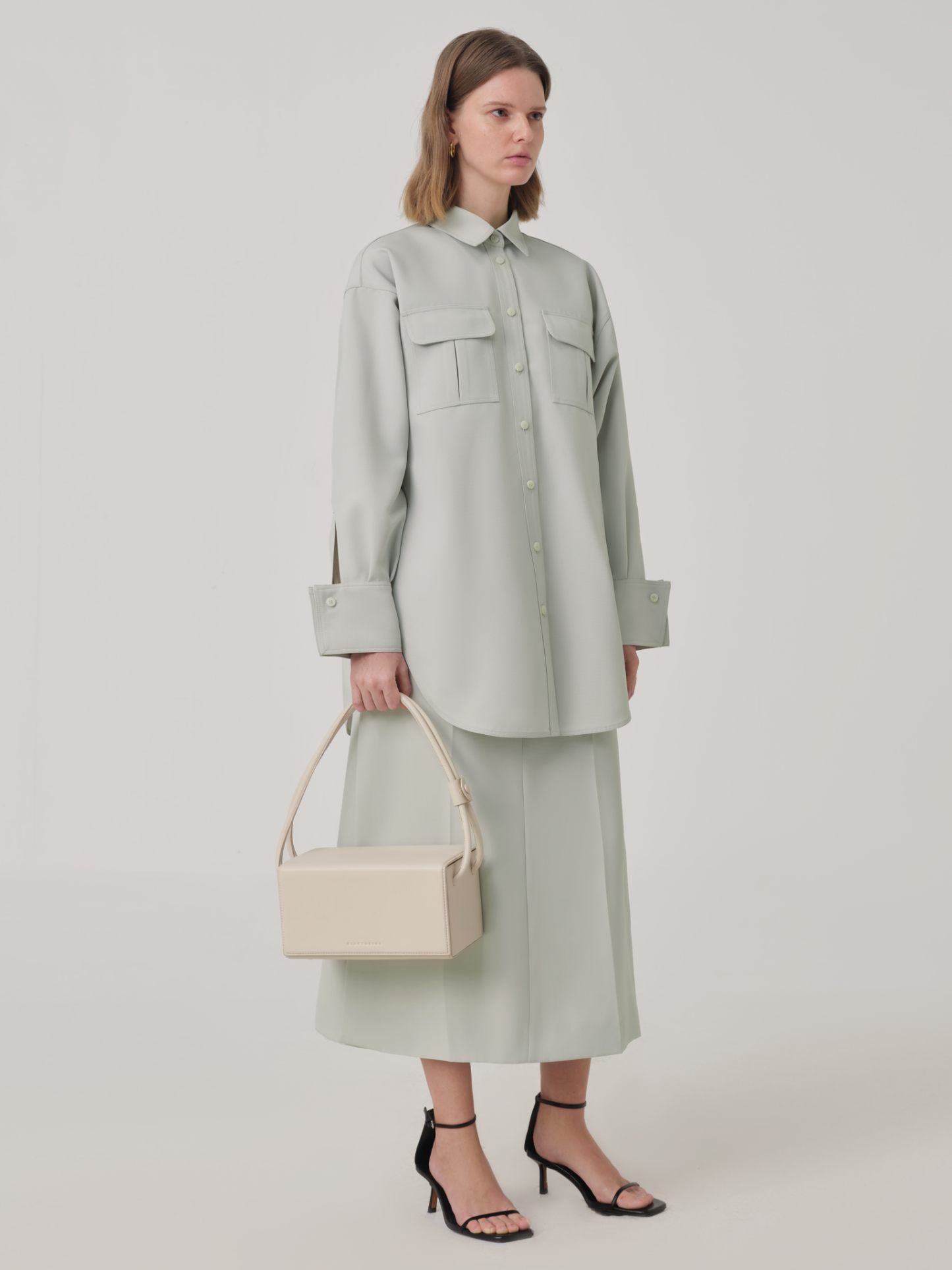 会员价-PLEATED CREPE PENCIL SKIRT IN BABY GREEN