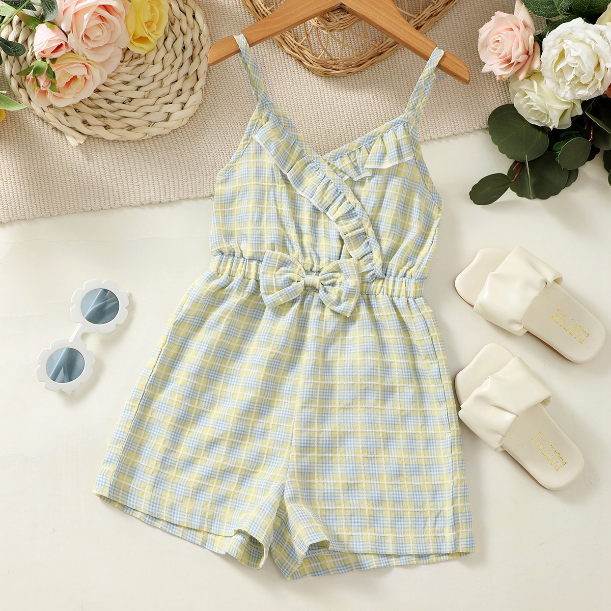 Toddler Girl Cute Plaid Heart-shaped Pattern Overalls Wholesale