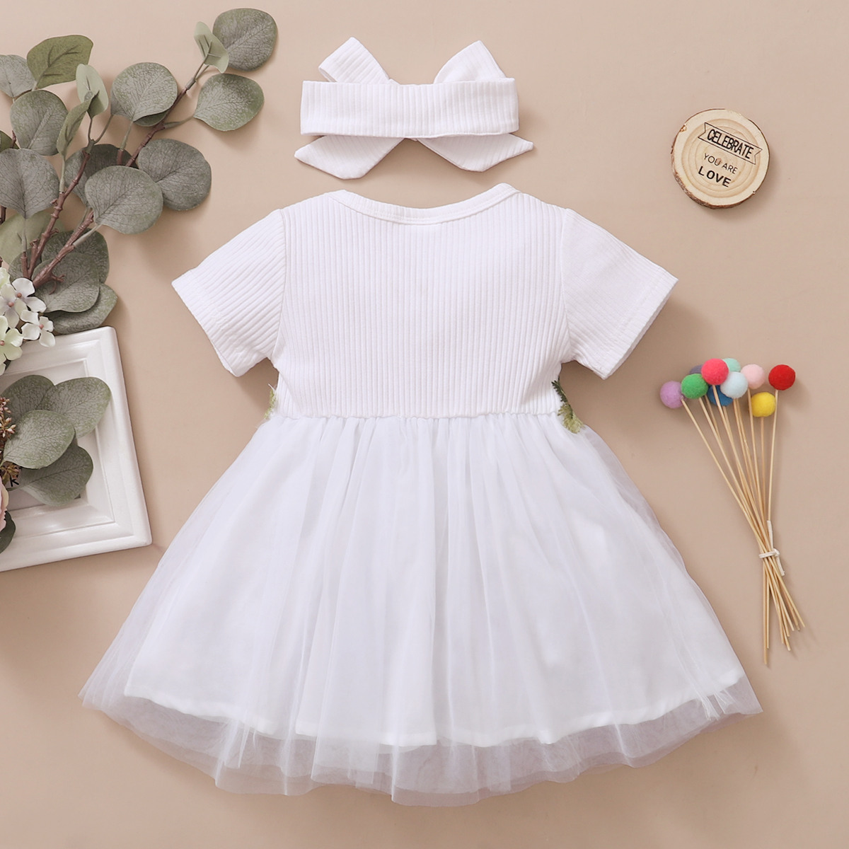 Baby Girl Color-block Floral Lace Decor Mesh Dress & Headband Wholesale